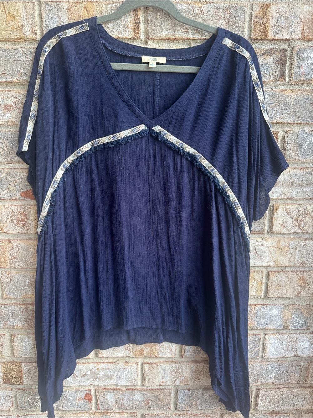 Kori Navy V-Neck Embroidered Trim Tunic Top